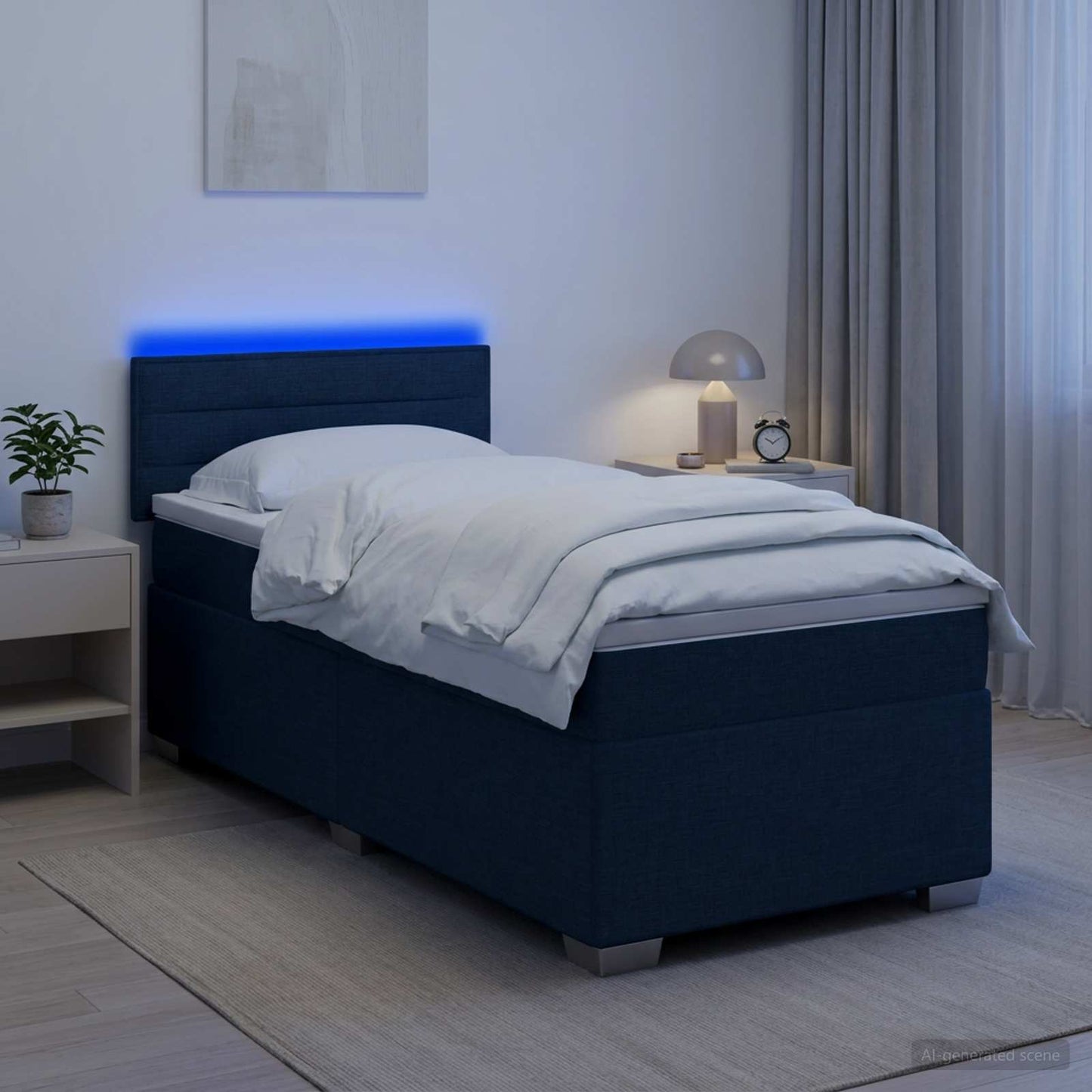 Letto con Box Spring, Materasso e LED Blu 100 x 200 cm Tessuto
