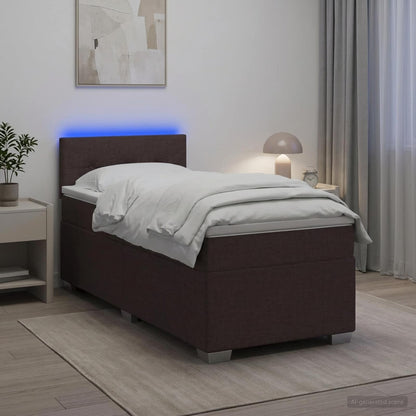 Letto con Box Spring, Materasso e LED Marrone Scuro Tessuto