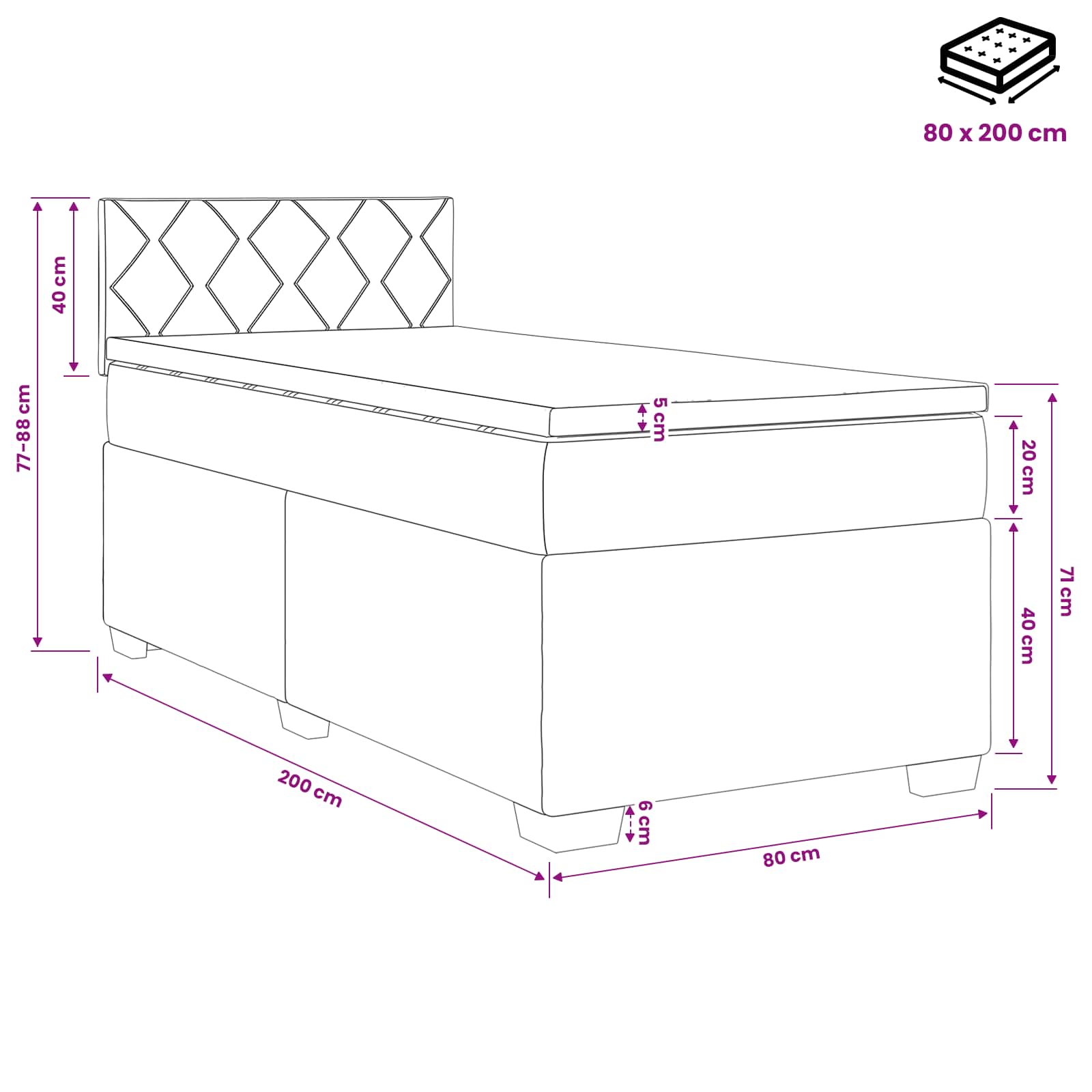 Letto con Box Spring, Materasso e LED Blu 80 x 200 cm Tessuto | homemem39