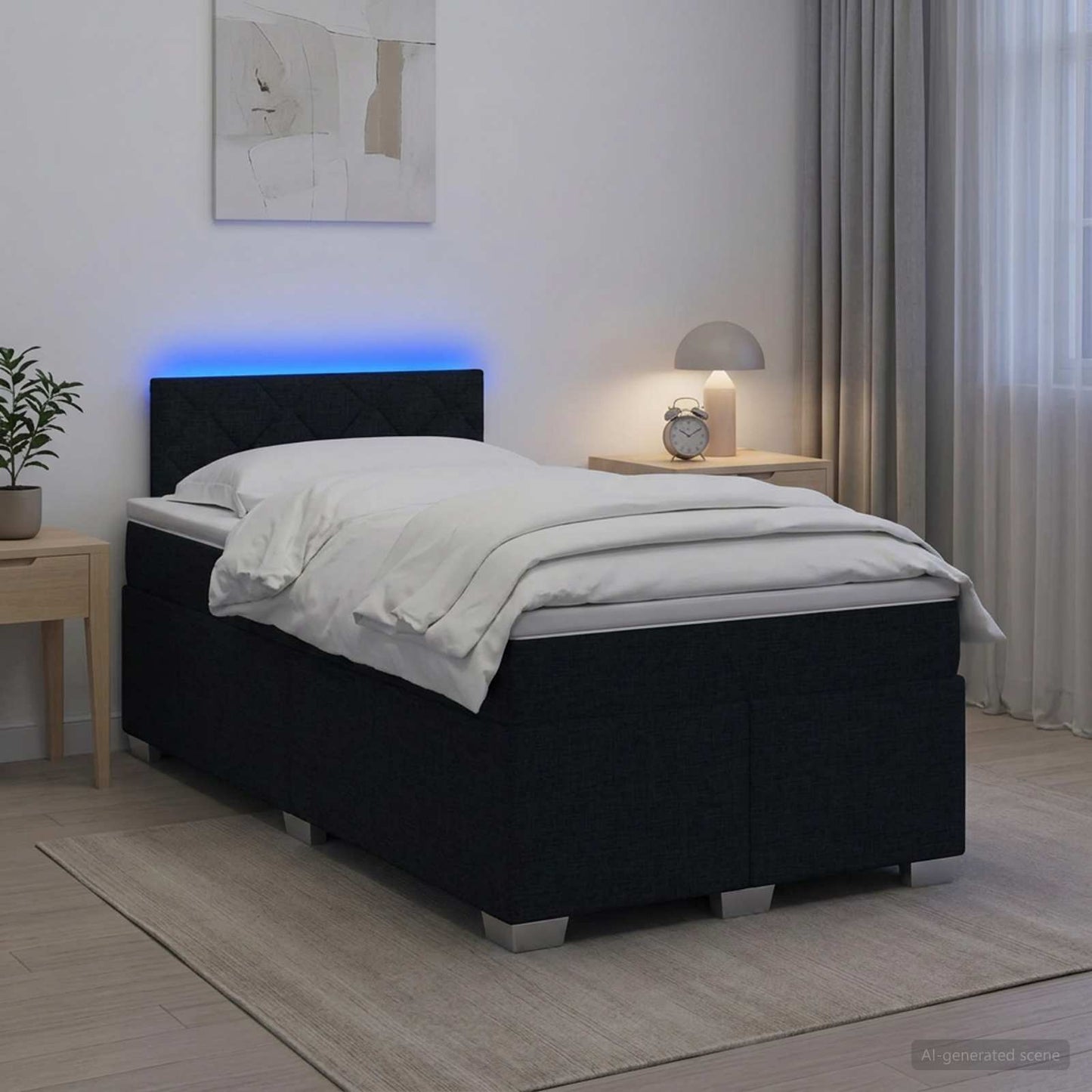 Letto con Box Spring, Materasso e LED Nero 120 x 200 cm Tessuto