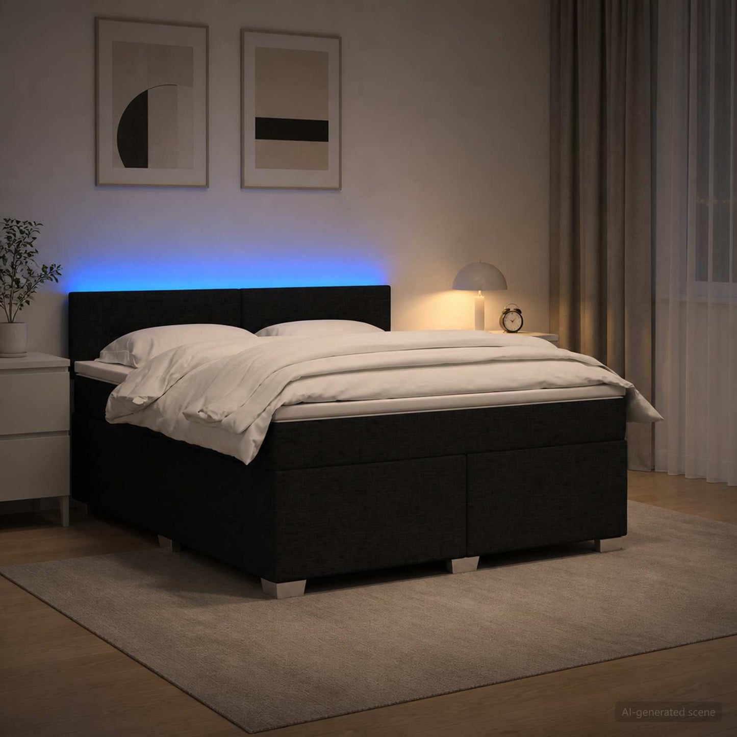 Letto con Box Spring, Materasso e LED Nero 180 x 200 cm Tessuto