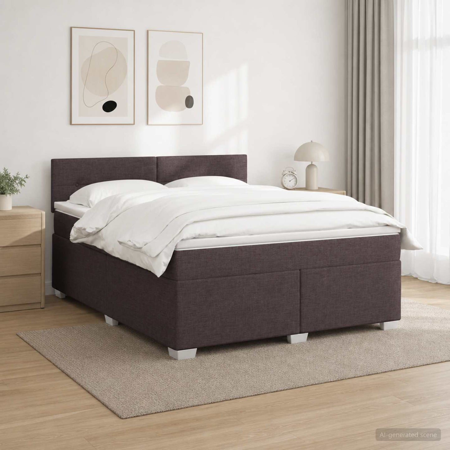 Letto con Box Spring, Materasso e LED Marrone Scuro Tessuto