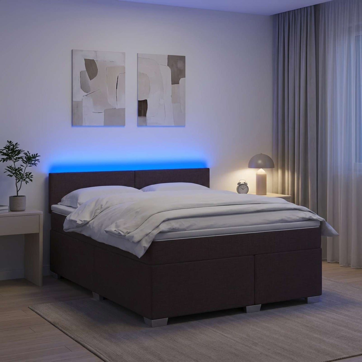Letto con Box Spring, Materasso e LED Marrone Scuro Tessuto