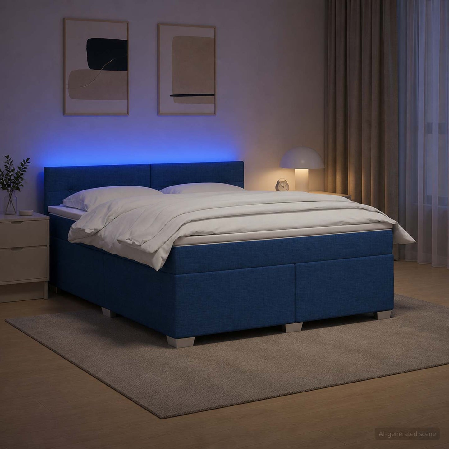 Letto con Box Spring, Materasso e LED Blu 160 x 200 cm Tessuto