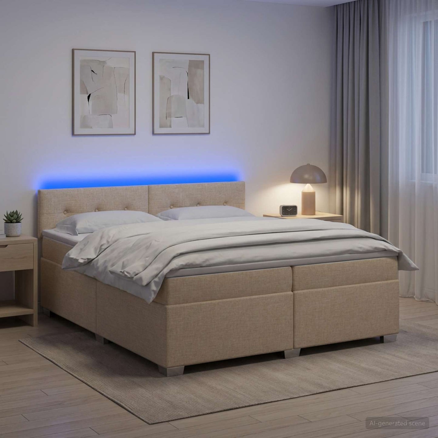 Letto con Box Spring, Materasso e LED Crema 200 x 200 cm