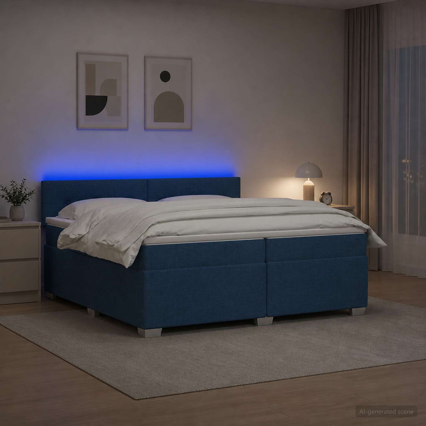 Letto con Box Spring, Materasso e LED Blu 200 x 200 cm Tessuto