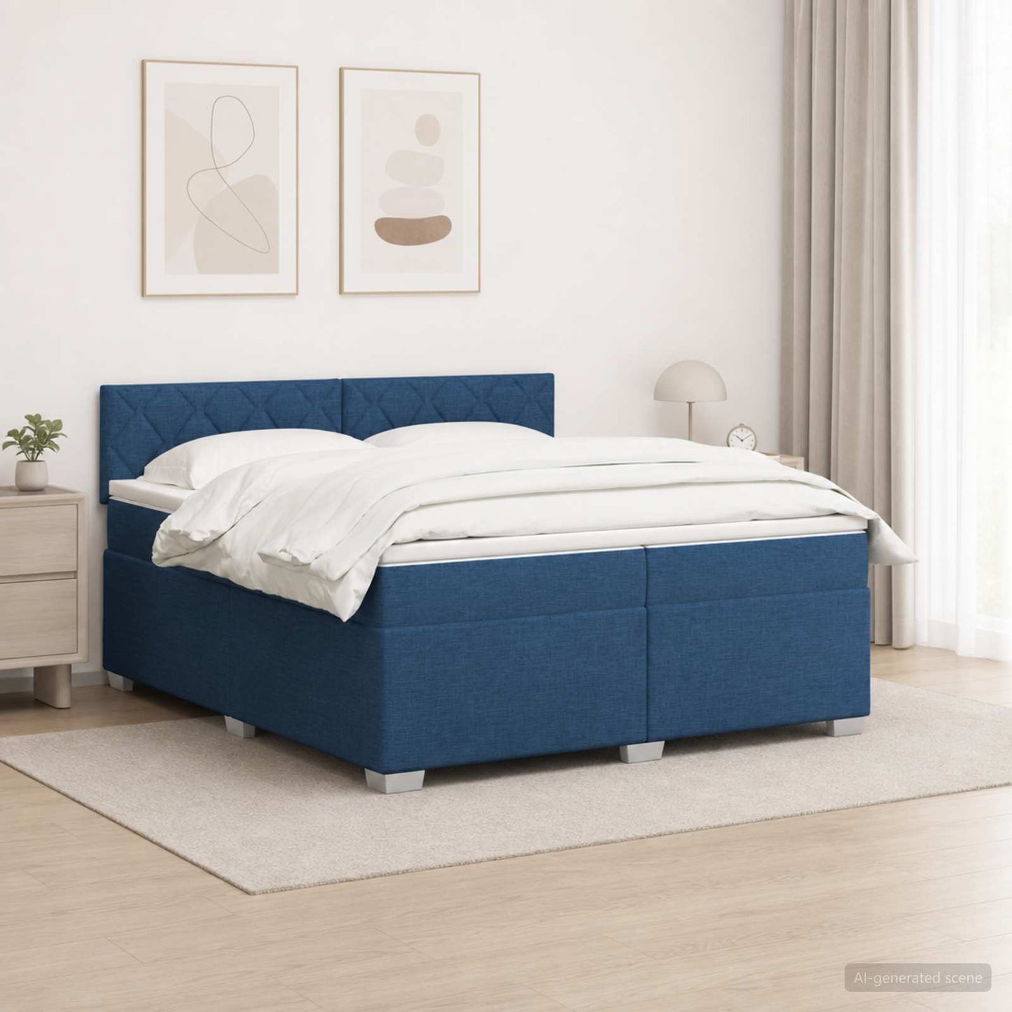 Letto con Box Spring, Materasso e LED Blu 200 x 200 cm Tessuto