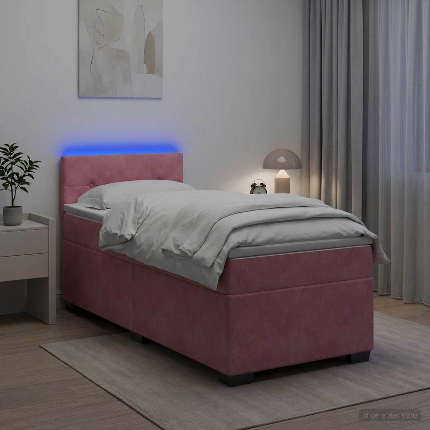 Letto con Box Spring, Materasso e LED Rosa 100 x 200 cm Velluto | homemem39