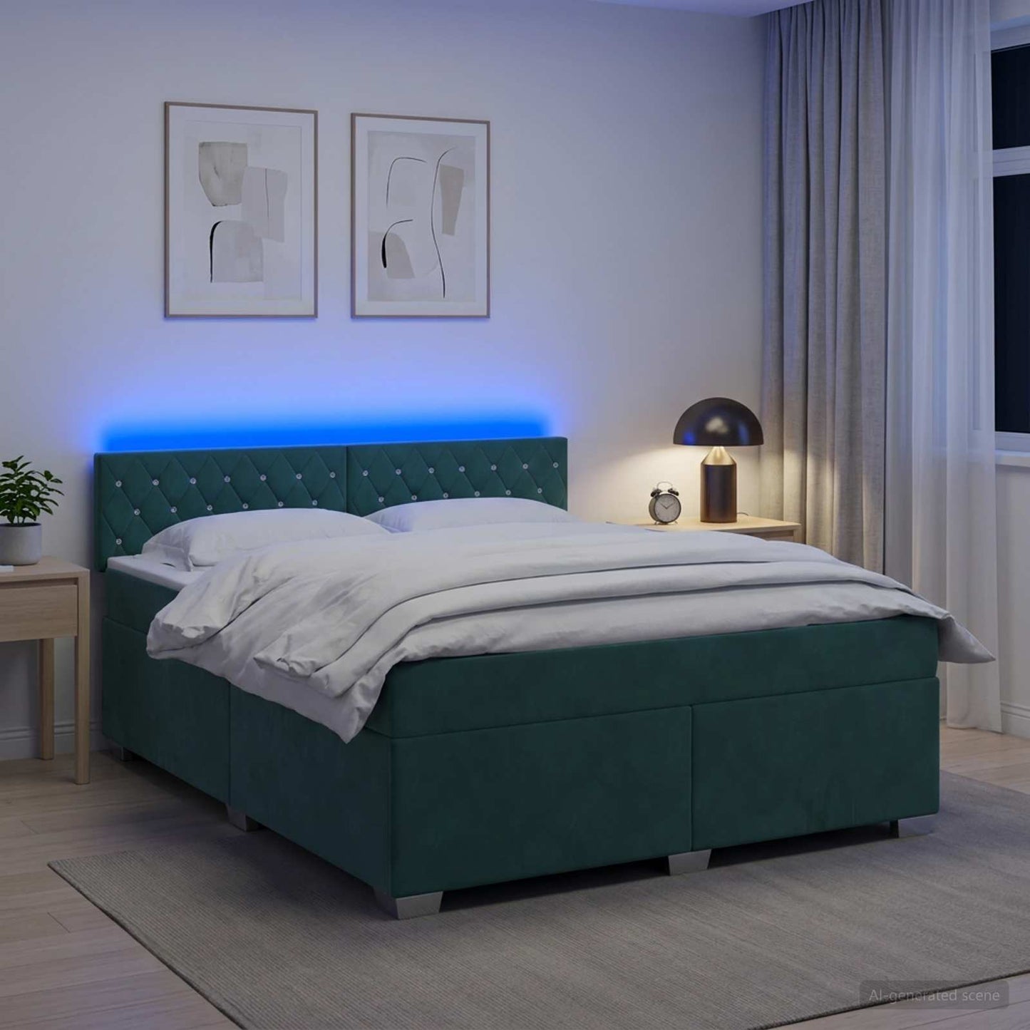 Letto con Box Spring, Materasso e LED Verde Scuro 140 x 200 cm