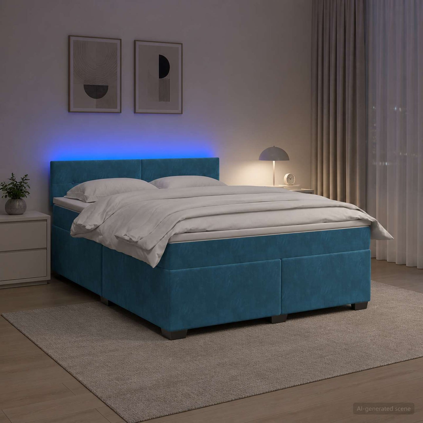 Letto con Box Spring, Materasso e LED Blu 140 x 190 cm Velluto