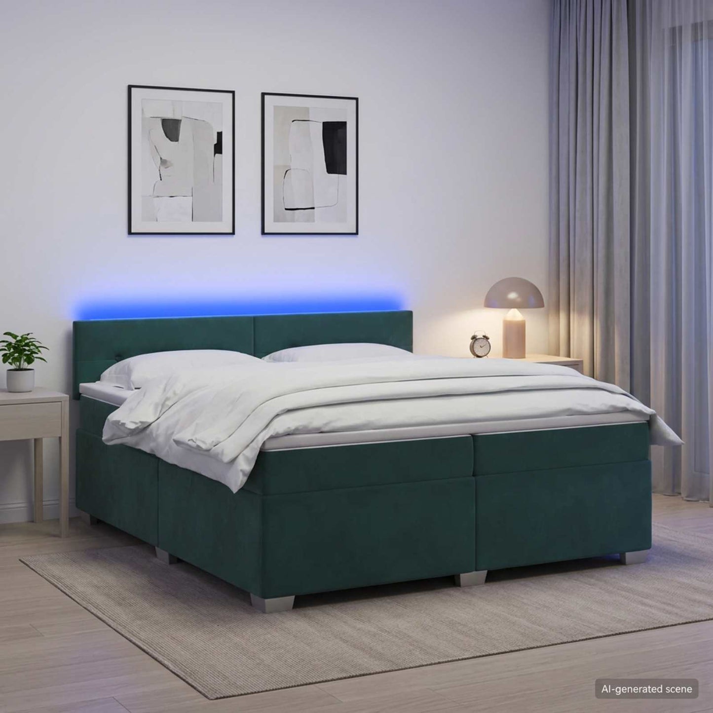 Letto con Box Spring, Materasso e LED Verde Scuro 200 x 200 cm