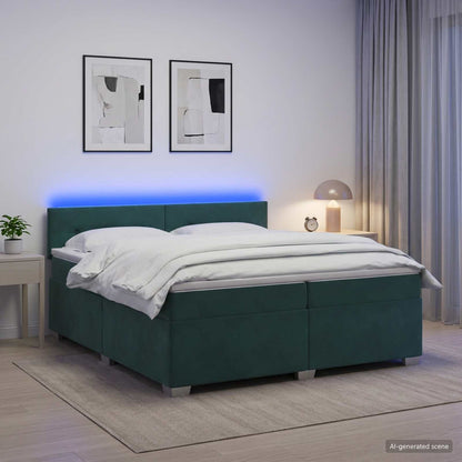 Letto con Box Spring, Materasso e LED Verde Scuro 200 x 200 cm