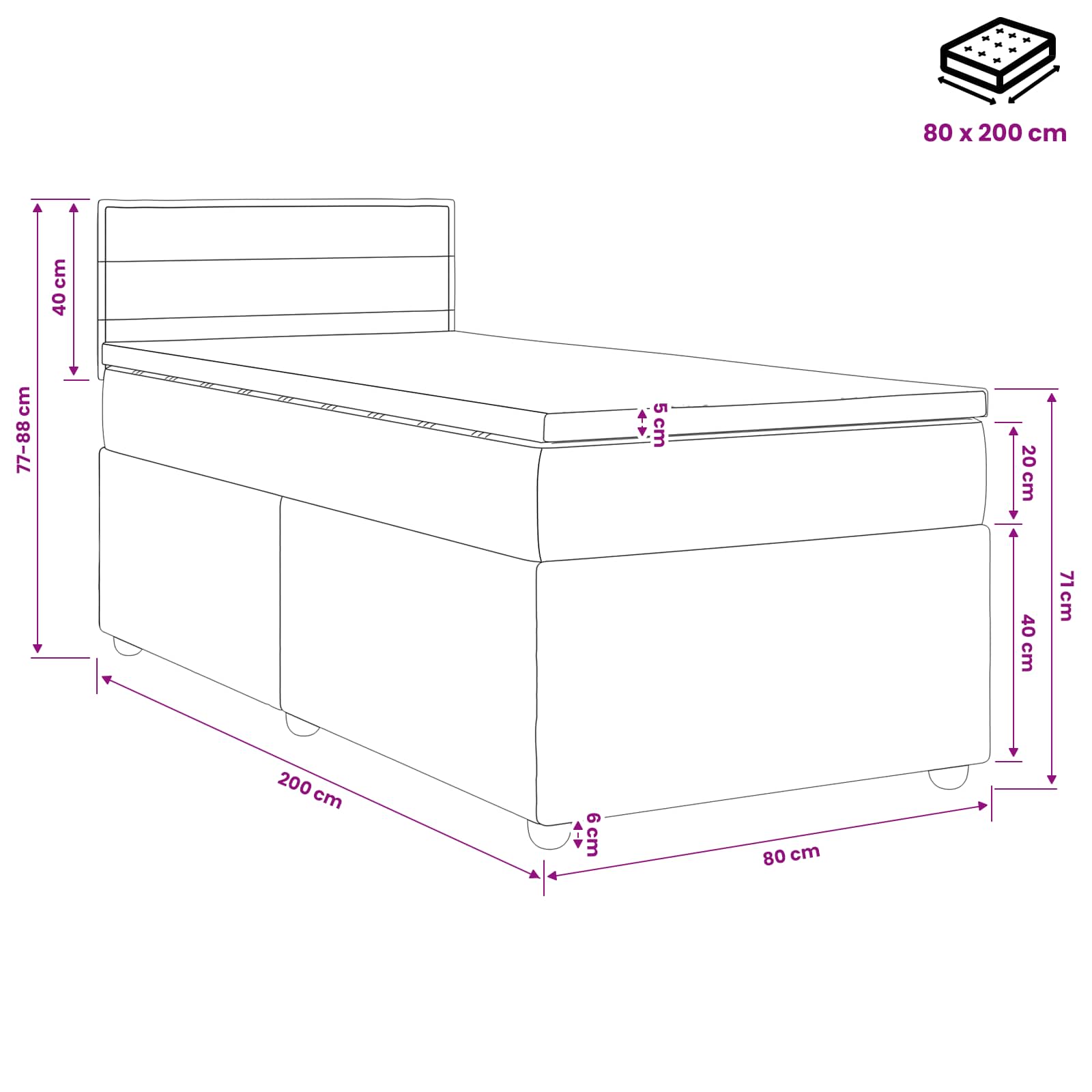 Letto box spring con materasso Grigio Scuro 80 x 200 cm Tessuto | homemem39