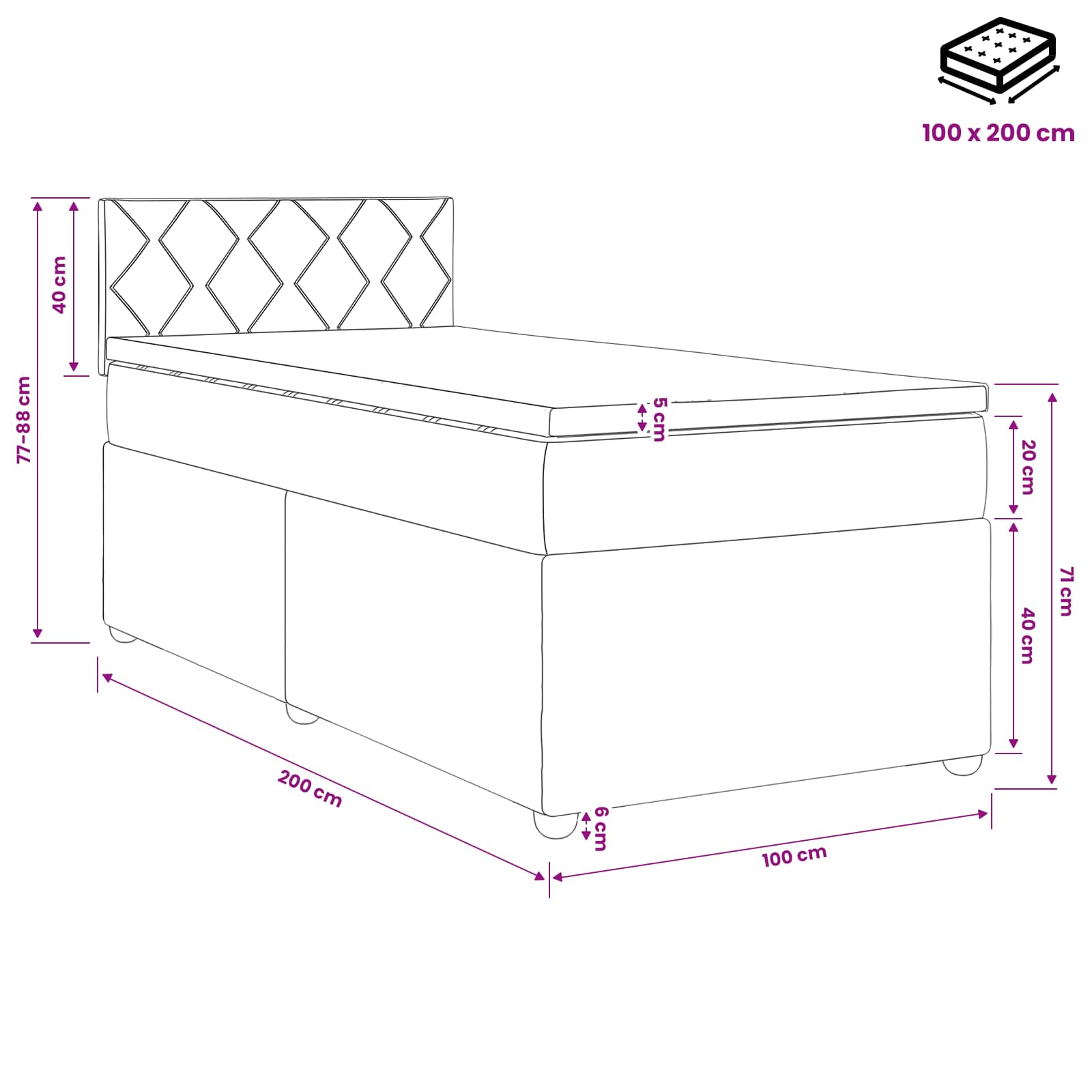 Letto box spring con materasso Grigio Scuro 100 x 200 cm | homemem39