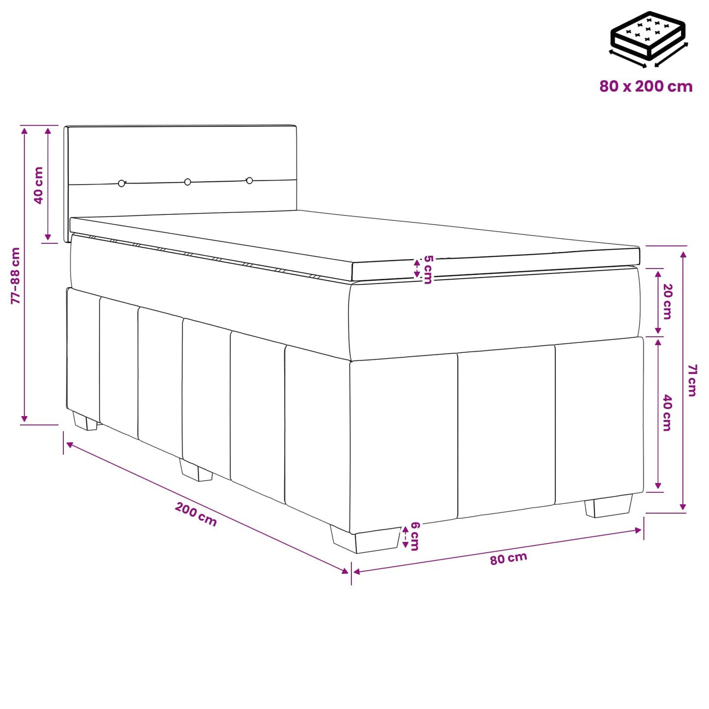 Letto box spring con materasso Grigio Scuro 80 x 200 cm Tessuto | homemem39