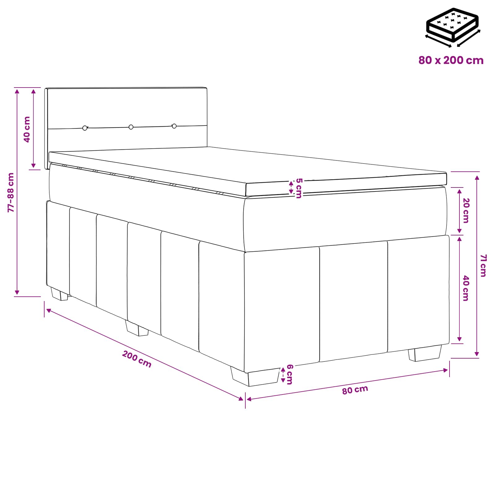 Letto box spring con materasso Grigio Scuro 80 x 200 cm Tessuto | homemem39
