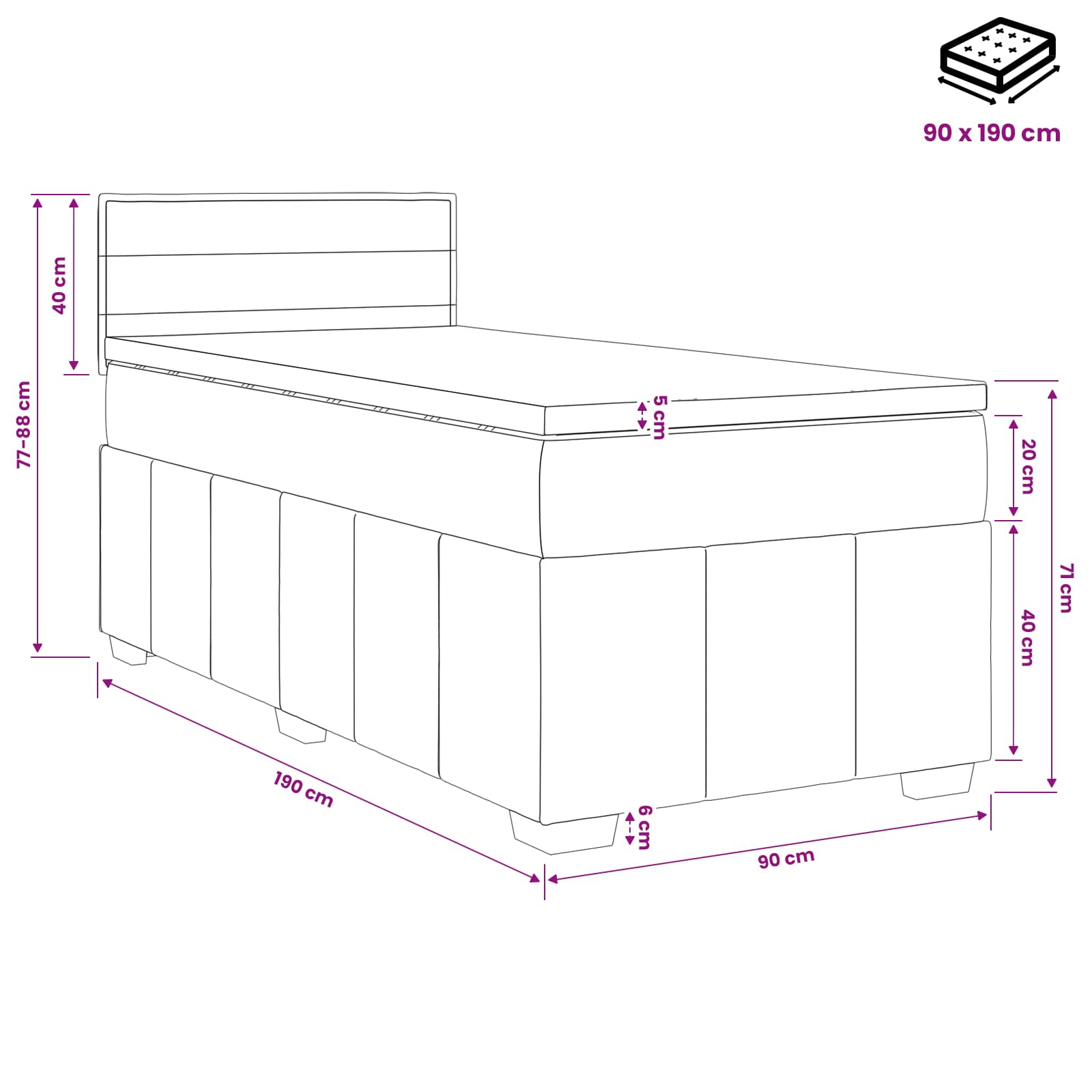 Letto box spring con materasso Nero 90 x 190 cm Tessuto | homemem39