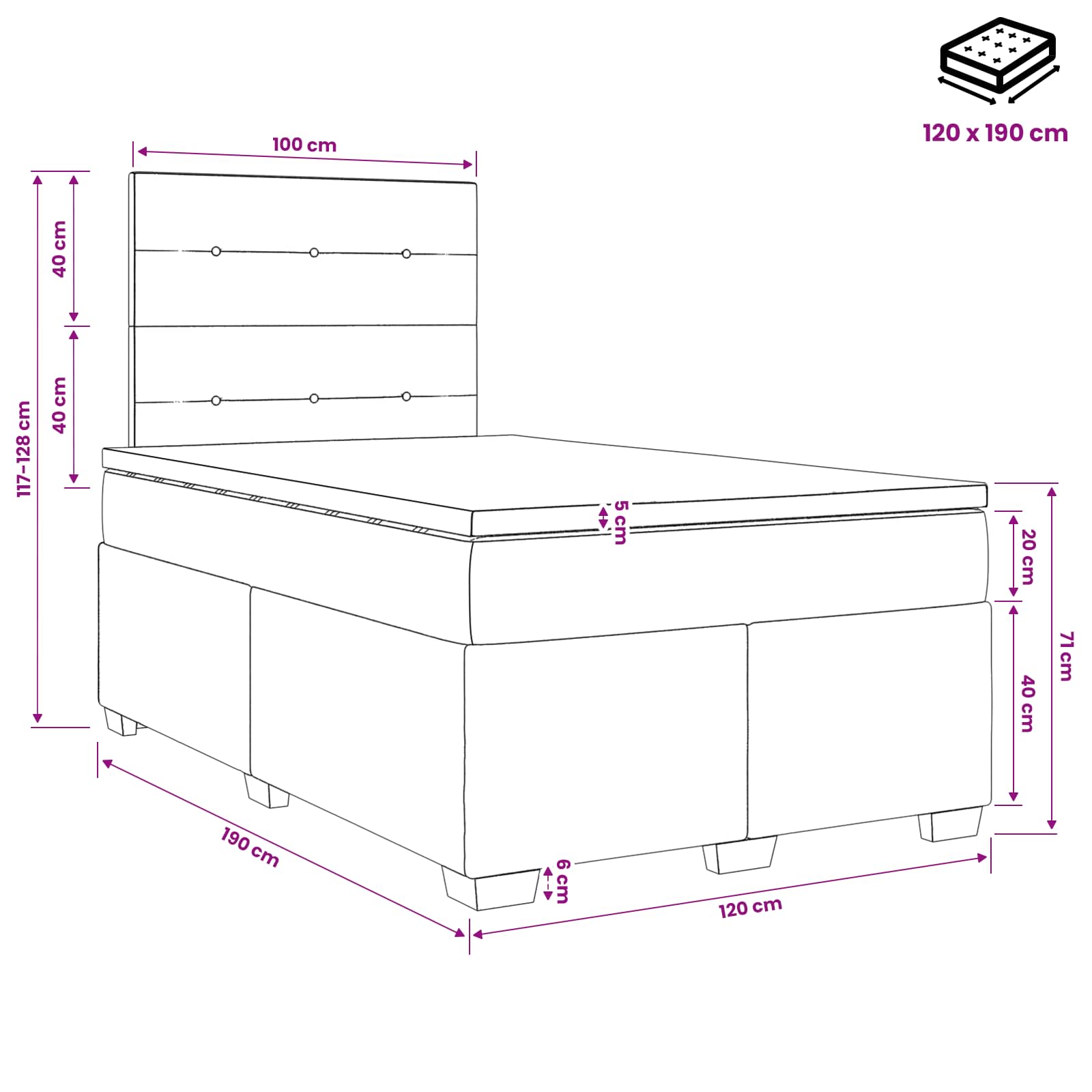 Letto box spring con materasso Grigio Scuro 120 x 190 cm | homemem39