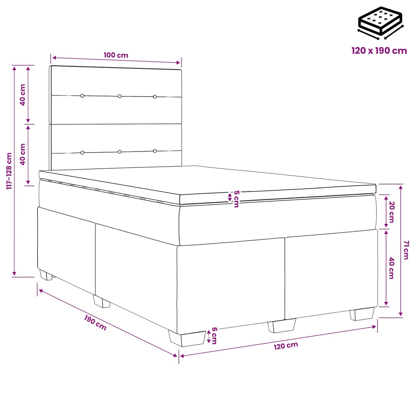 Letto box spring con materasso Nero 120 x 190 cm Velluto | homemem39