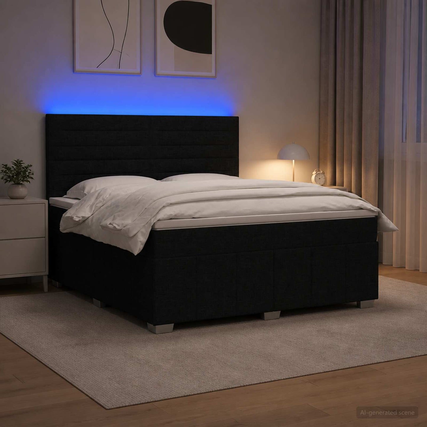 Letto Box Spring LED con Materasso Nero 140 x 200 cm Tessuto