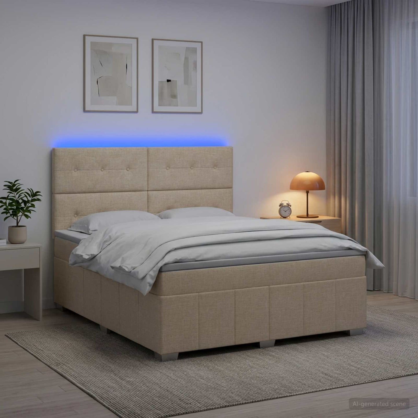 Letto Box Spring LED con Materasso Crema 140 x 200 cm Tessuto
