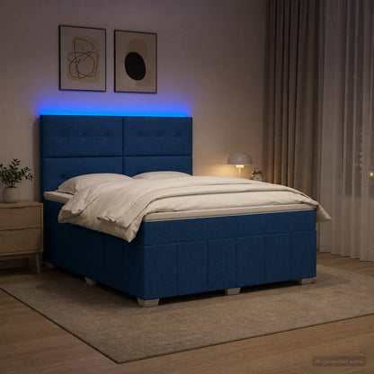 Letto Box Spring LED con Materasso Blu 160 x 200 cm Tessuto