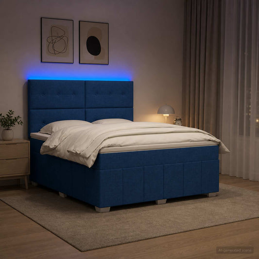 Letto Box Spring LED con Materasso Blu 160 x 200 cm Tessuto - homemem39