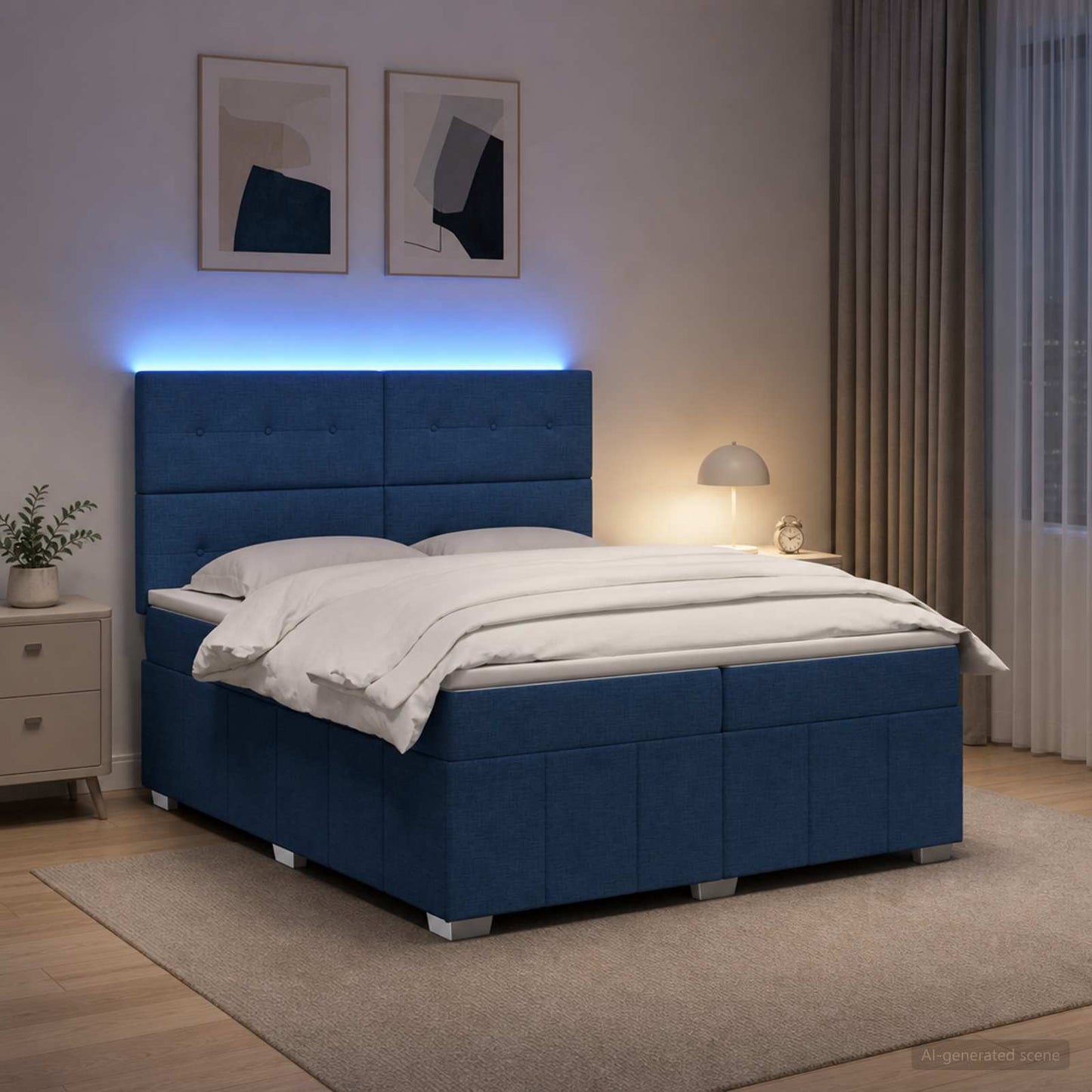 Letto Box Spring LED con Materasso Blu 200 x 200 cm Tessuto | homemem39