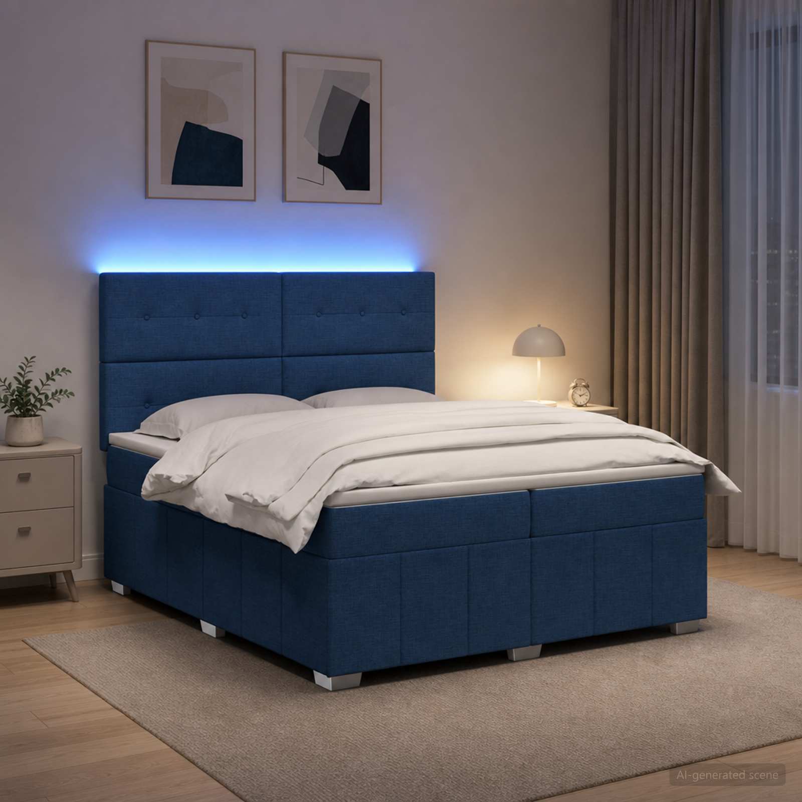 Letto Box Spring LED con Materasso Blu 200 x 200 cm Tessuto | homemem39