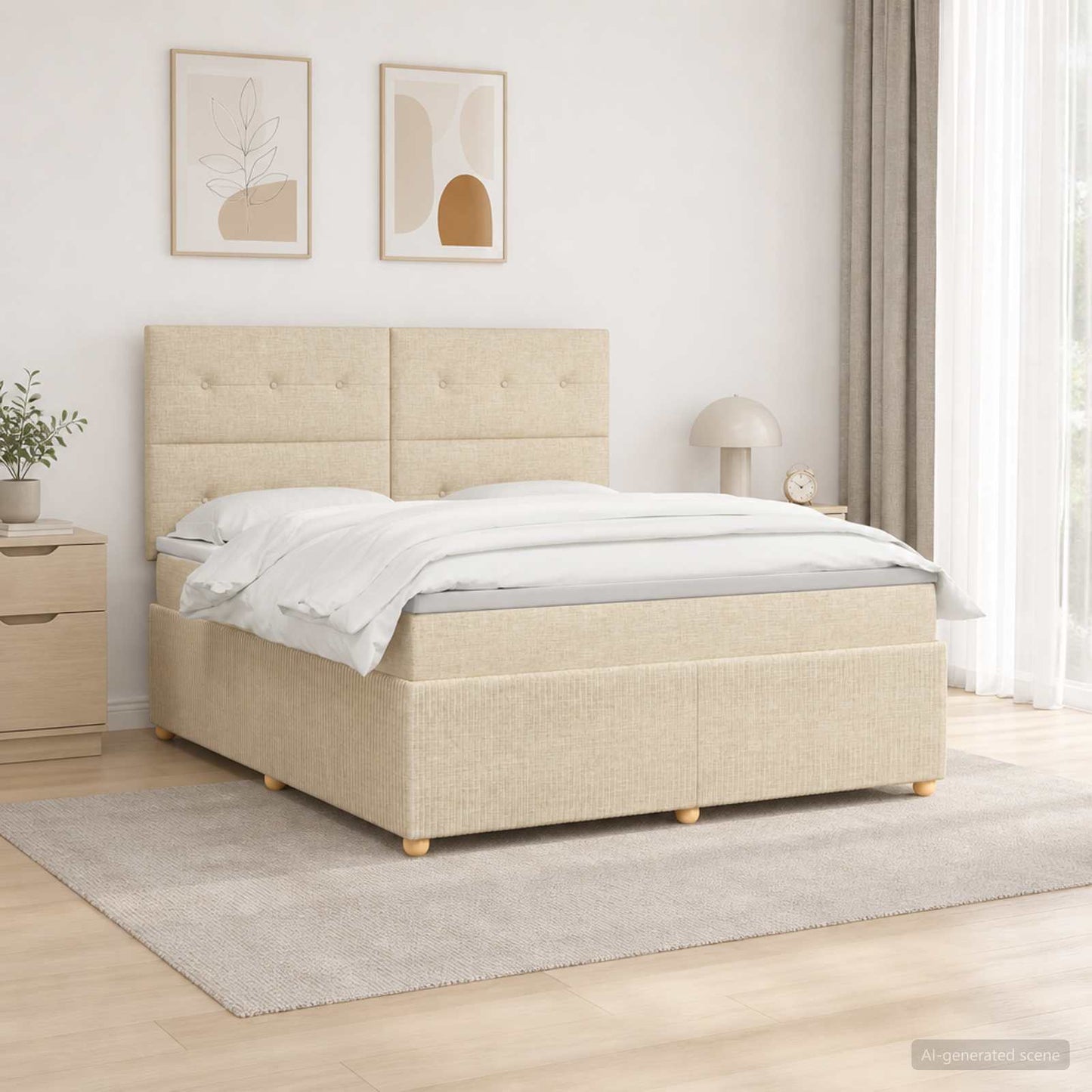 Letto Box Spring LED con Materasso Crema 180 x 200 cm Tessuto