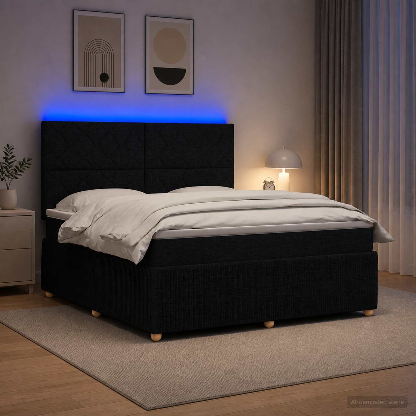Letto Box Spring LED con Materasso Nero 140 x 190 cm Tessuto