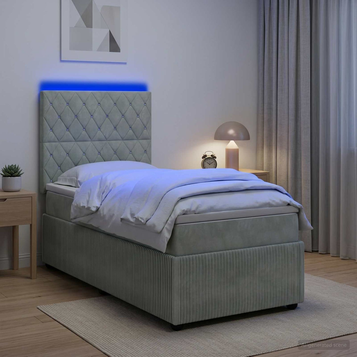 Letto Box Spring LED con Materasso Grigio Chiaro 100 x 200 cm | homemem39