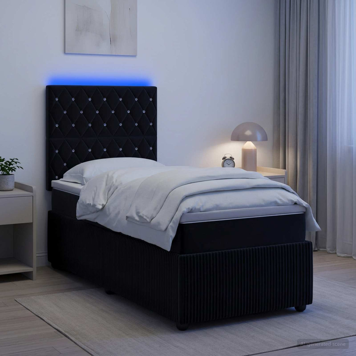 Letto Box Spring LED con Materasso Nero 90 x 200 cm Velluto | homemem39