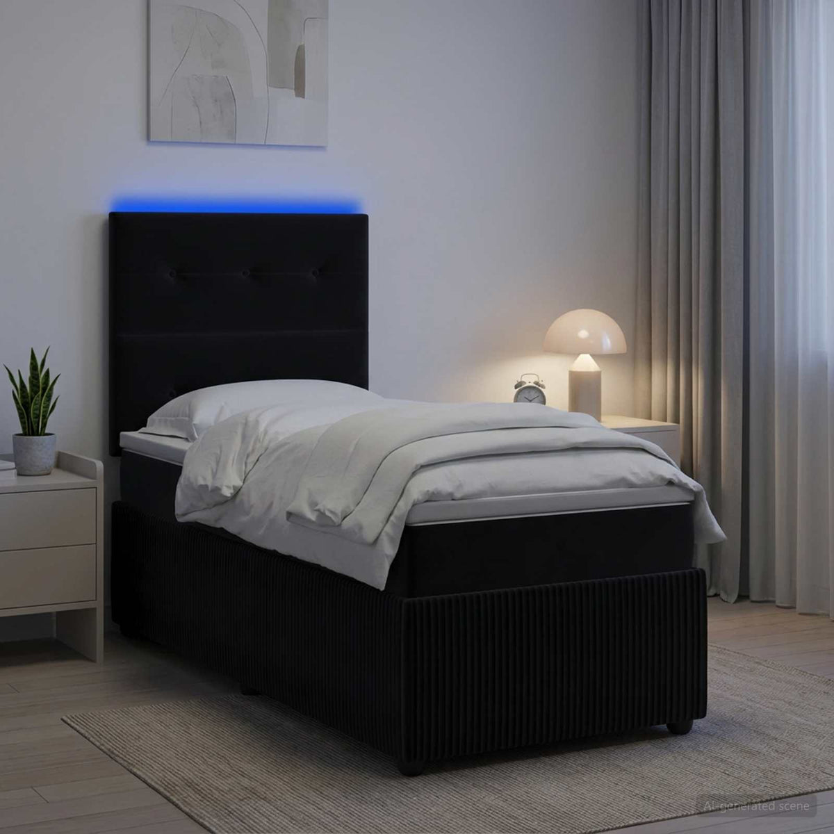 Letto Box Spring LED con Materasso Nero 90 x 200 cm Velluto | homemem39