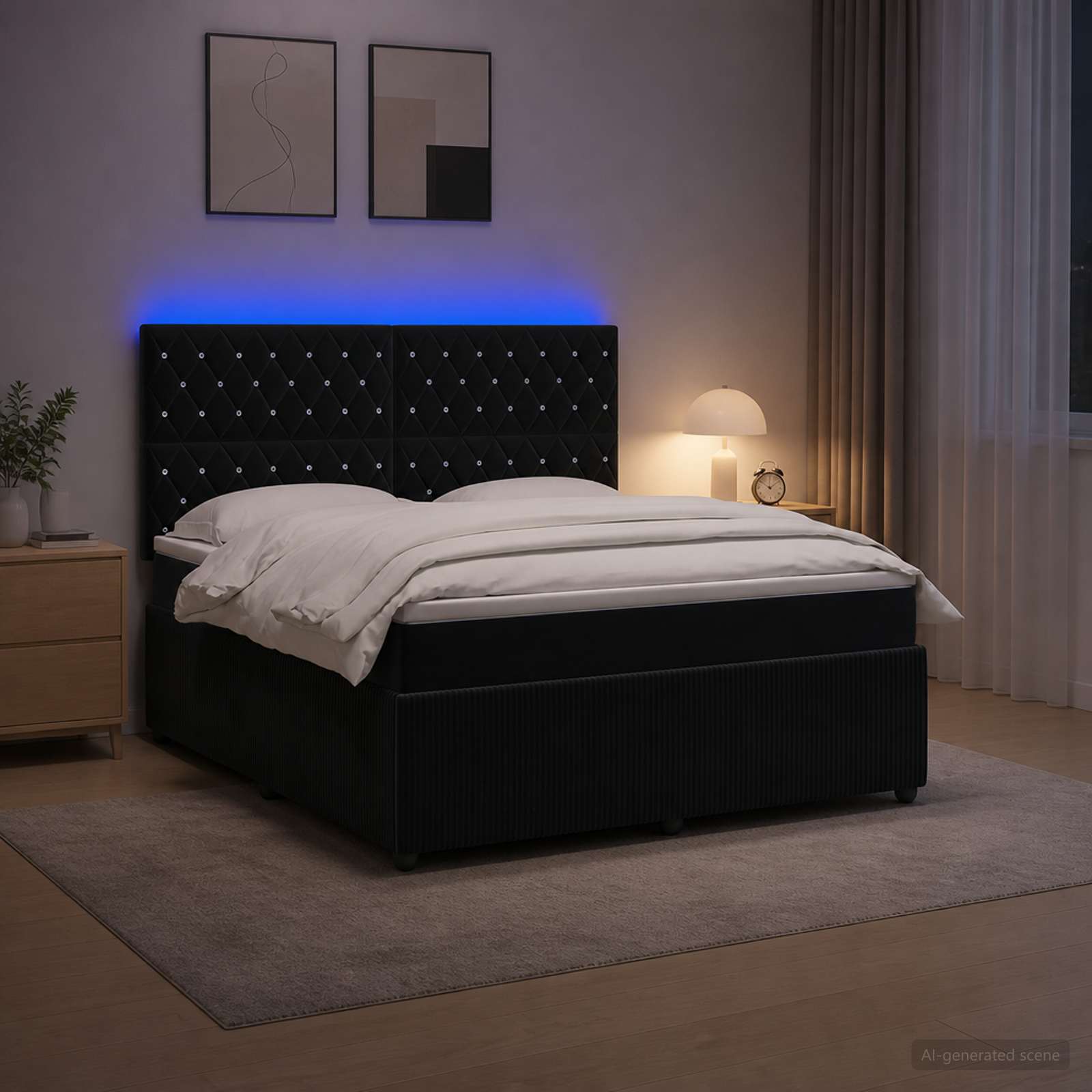 Letto Box Spring LED con Materasso Nero 140 x 190 cm Velluto | homemem39