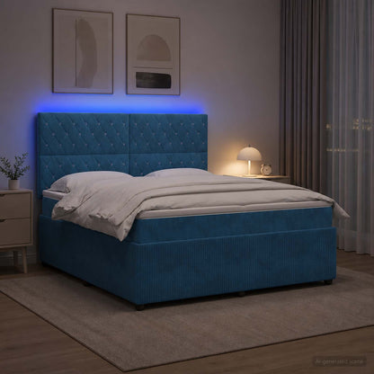 Letto Box Spring LED con Materasso Blu 140 x 190 cm Velluto