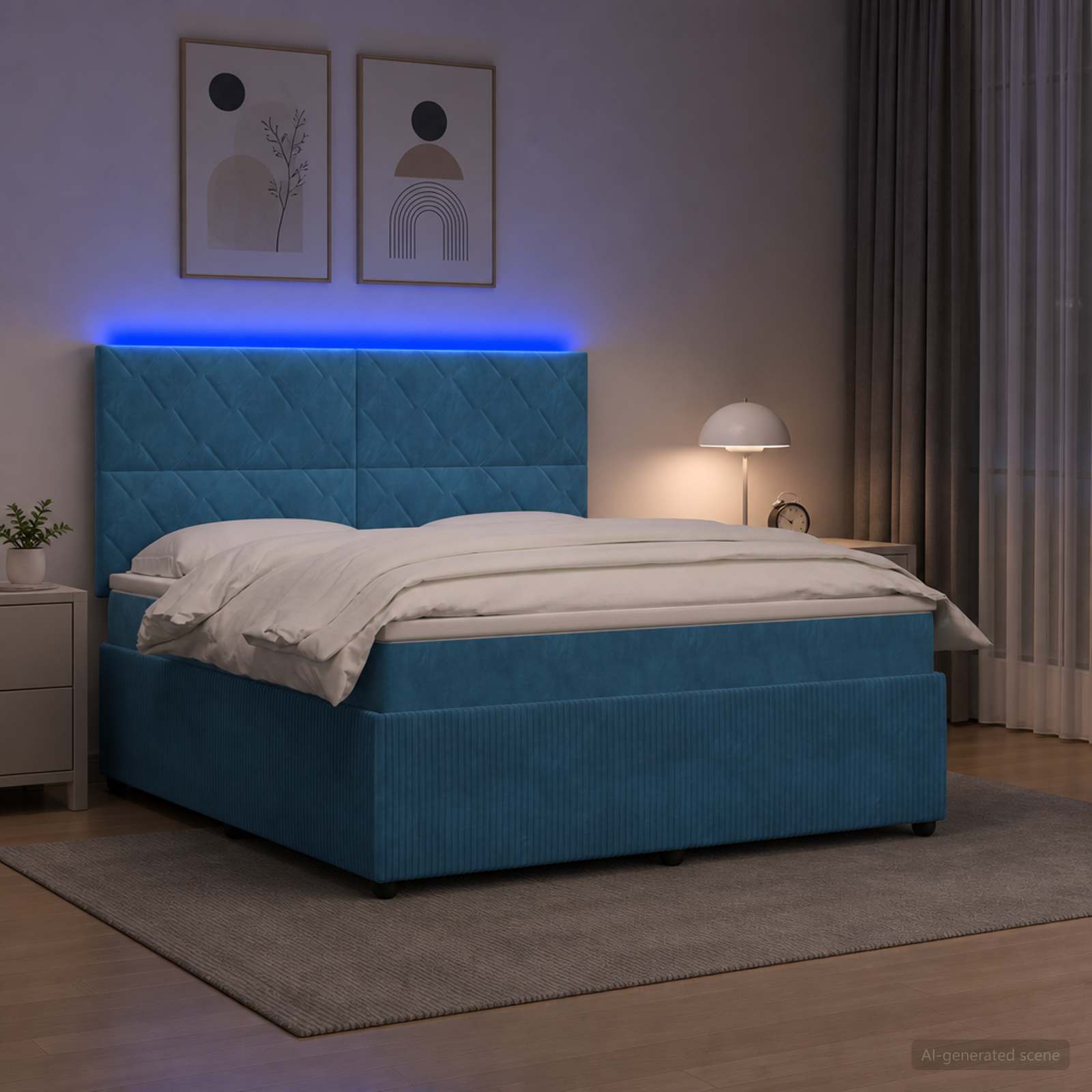 Letto Box Spring LED con Materasso Blu 140 x 200 cm Velluto | homemem39