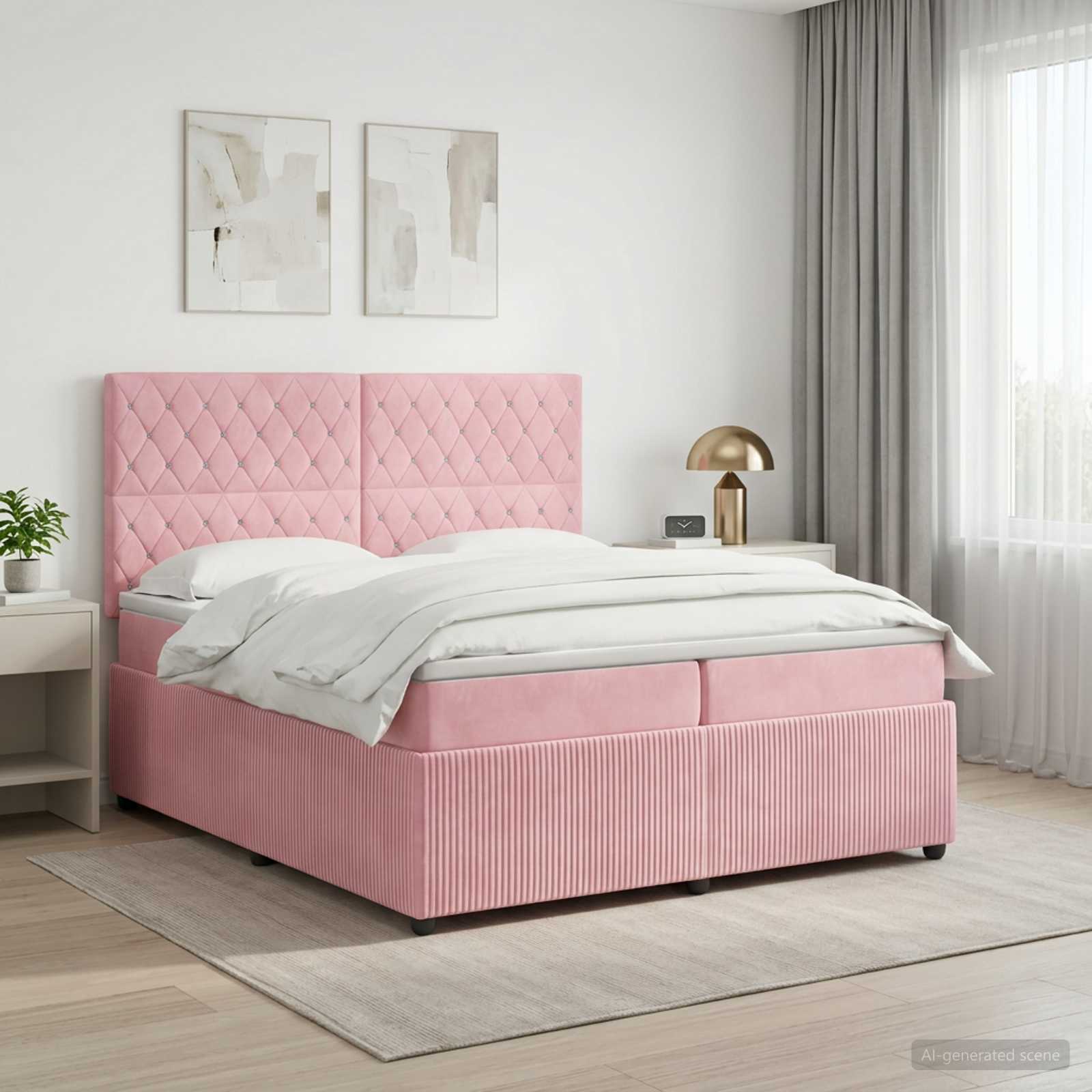 Letto Box Spring LED con Materasso Rosa 200 x 200 cm Velluto | homemem39