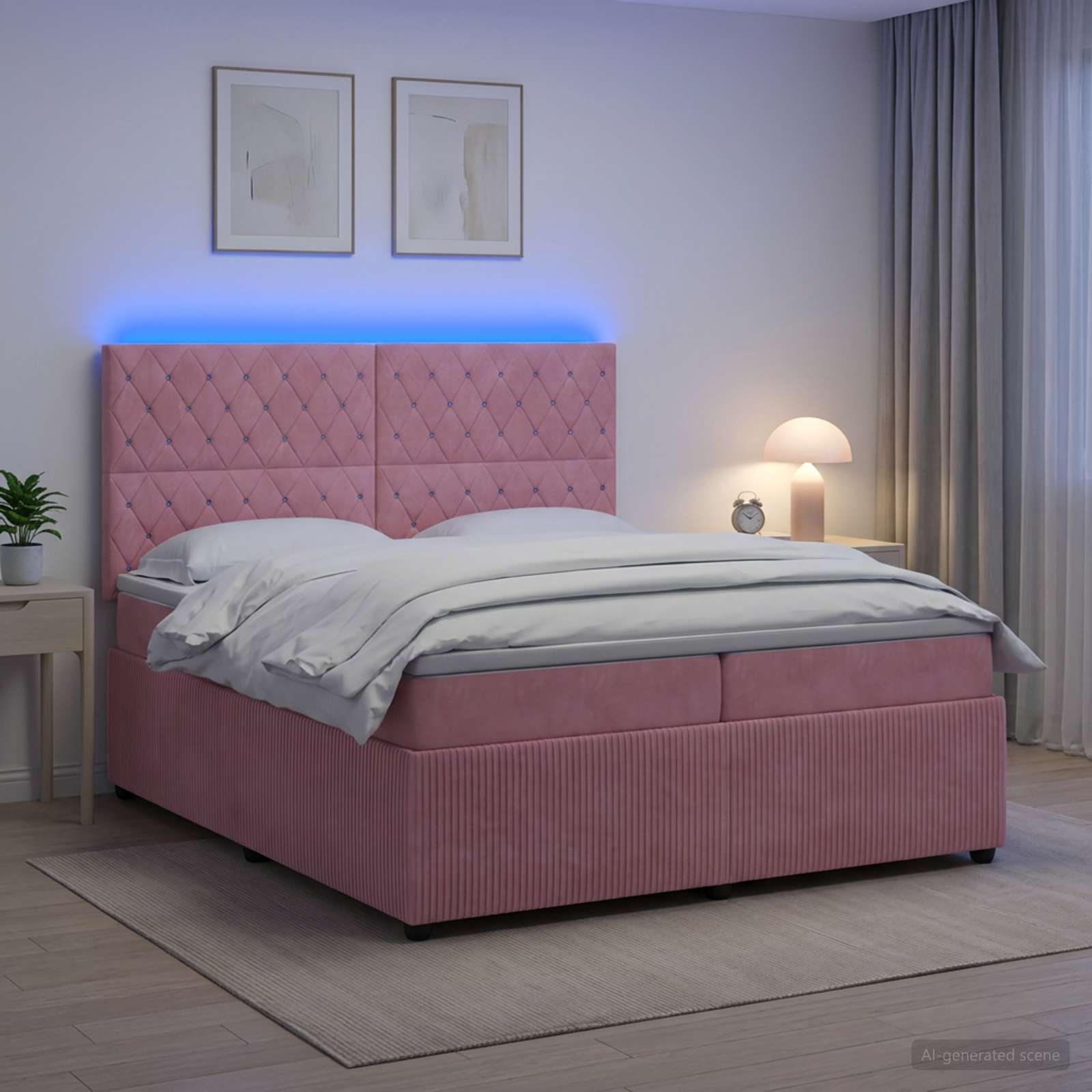 Letto Box Spring LED con Materasso Rosa 200 x 200 cm Velluto | homemem39