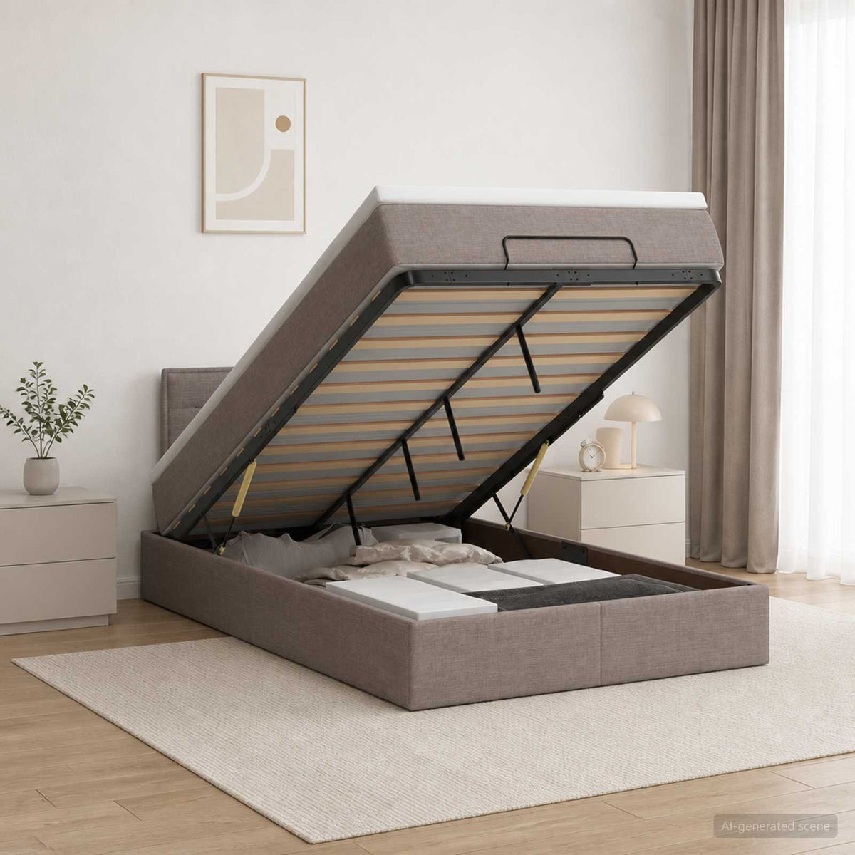 Letto Ottomano con Materasso e LED Tortora 120 x 190 cm Tessuto | homemem39