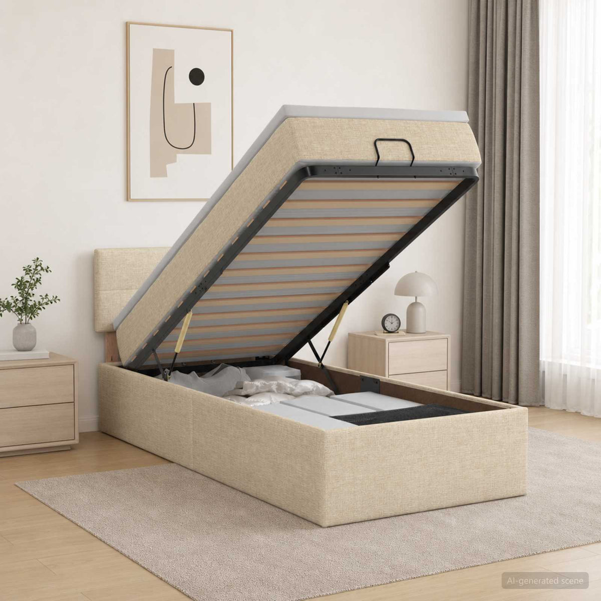 Letto Ottomano con Materasso e LED Crema 100 x 200 cm Tessuto | homemem39