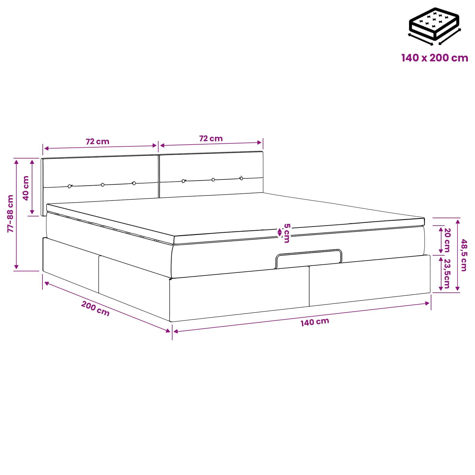 Letto ottomano con materasso Marrone Scuro 140 x 200 cm Tessuto | homemem39