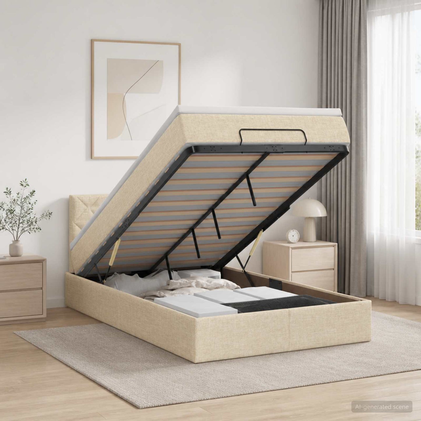 Letto ottomano con materasso Crema 120 x 190 cm Tessuto