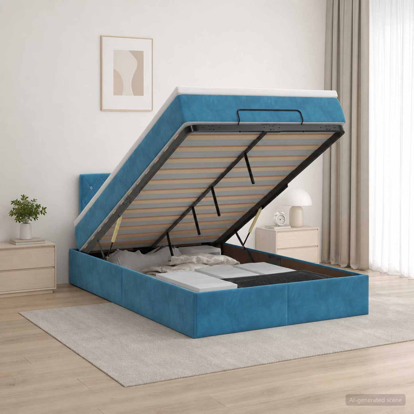 Letto Ottomano con Materasso e LED Blu scuro 120 x 200 cm