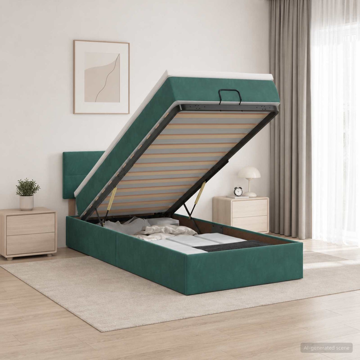 Letto Ottomano con Materasso e LED Verde Scuro 100 x 200 cm | homemem39