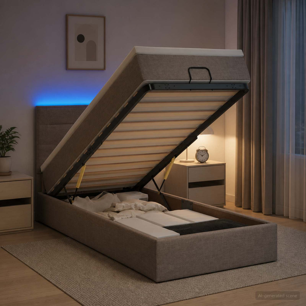 Letto Ottomano con Materasso e LED Tortora 90 x 190 cm Tessuto | homemem39