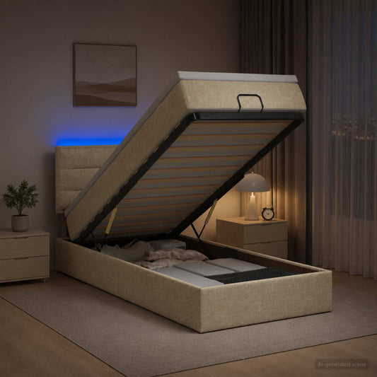 Letto Ottomano con Materasso e LED Crema 90 x 200 cm Tessuto | homemem39