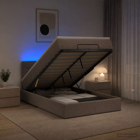 Letto Ottomano con Materasso e LED Tortora 120 x 190 cm Tessuto