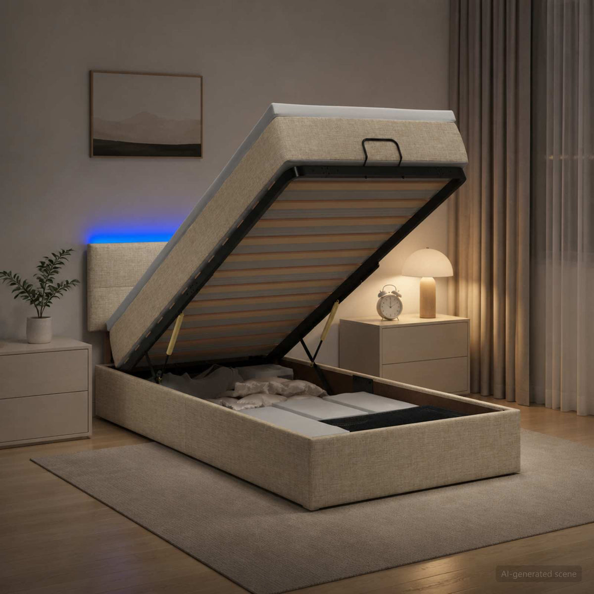 Letto Ottomano con Materasso e LED Crema 100 x 200 cm Tessuto | homemem39