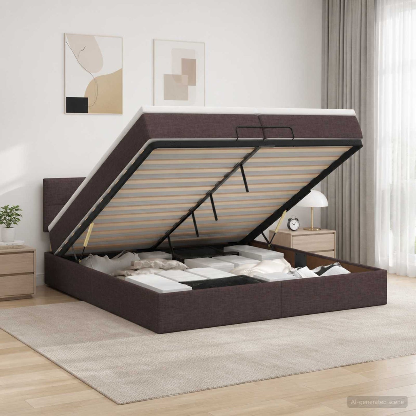 Letto Ottomano con Materasso e LED Marrone Scuro 200 x 200 cm | homemem39